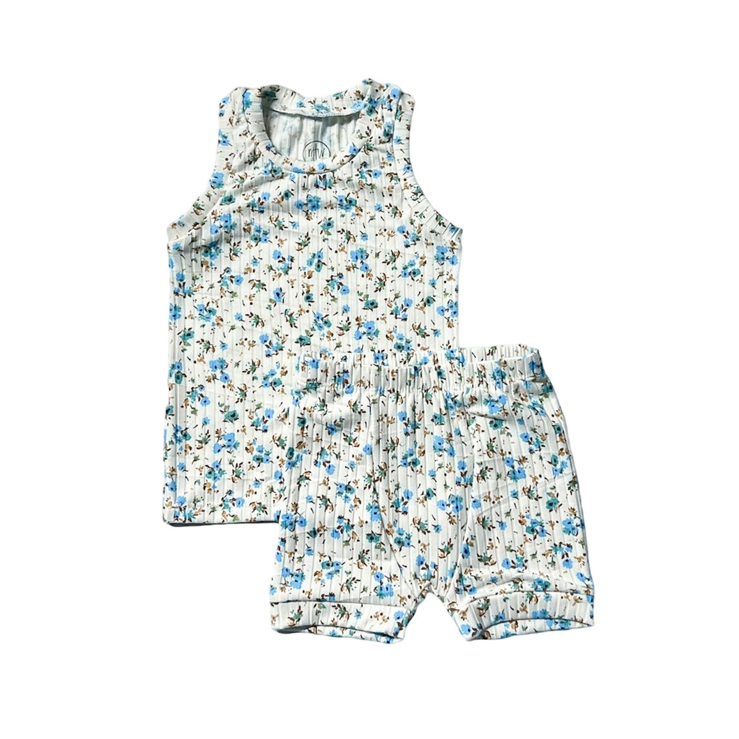 Blue Floral Ribbed Tank/Short Set